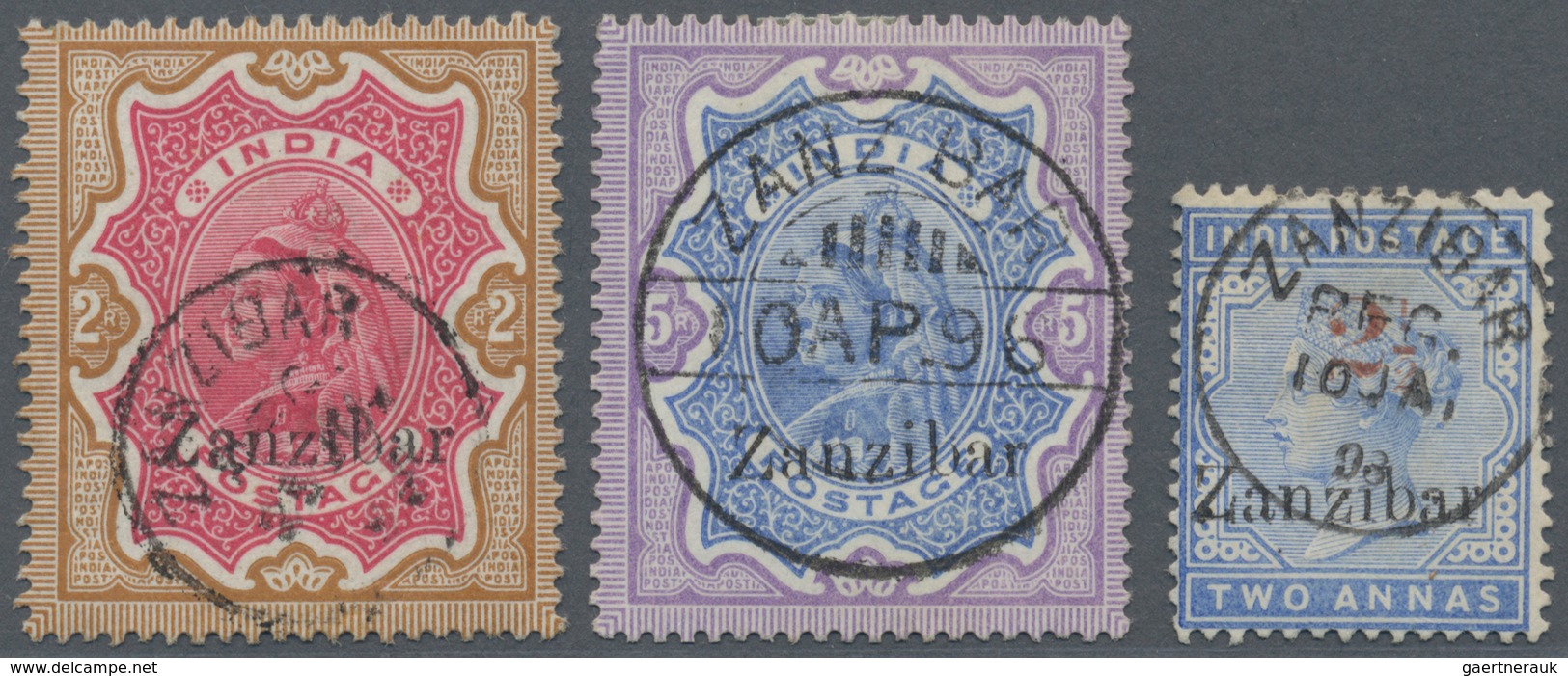 24459 Zanzibar: 1895/1898, Lot Of Three Better Stamps: 1895  2r. Carmine And Yellow-brown, 1895 5r. Ultram - Zanzibar (...-1963)