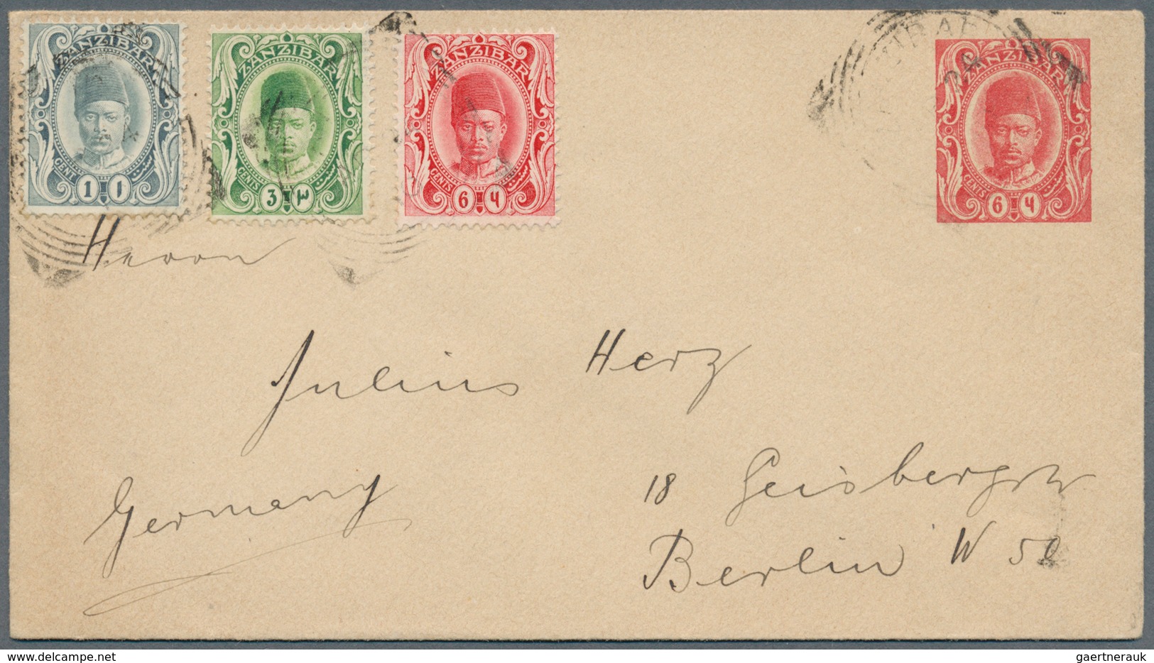 24460 Zanzibar: 1903 - 1911, Four Covers And One Postal Stationery Envelope With Uprated Franking, Interes - Zanzibar (...-1963)