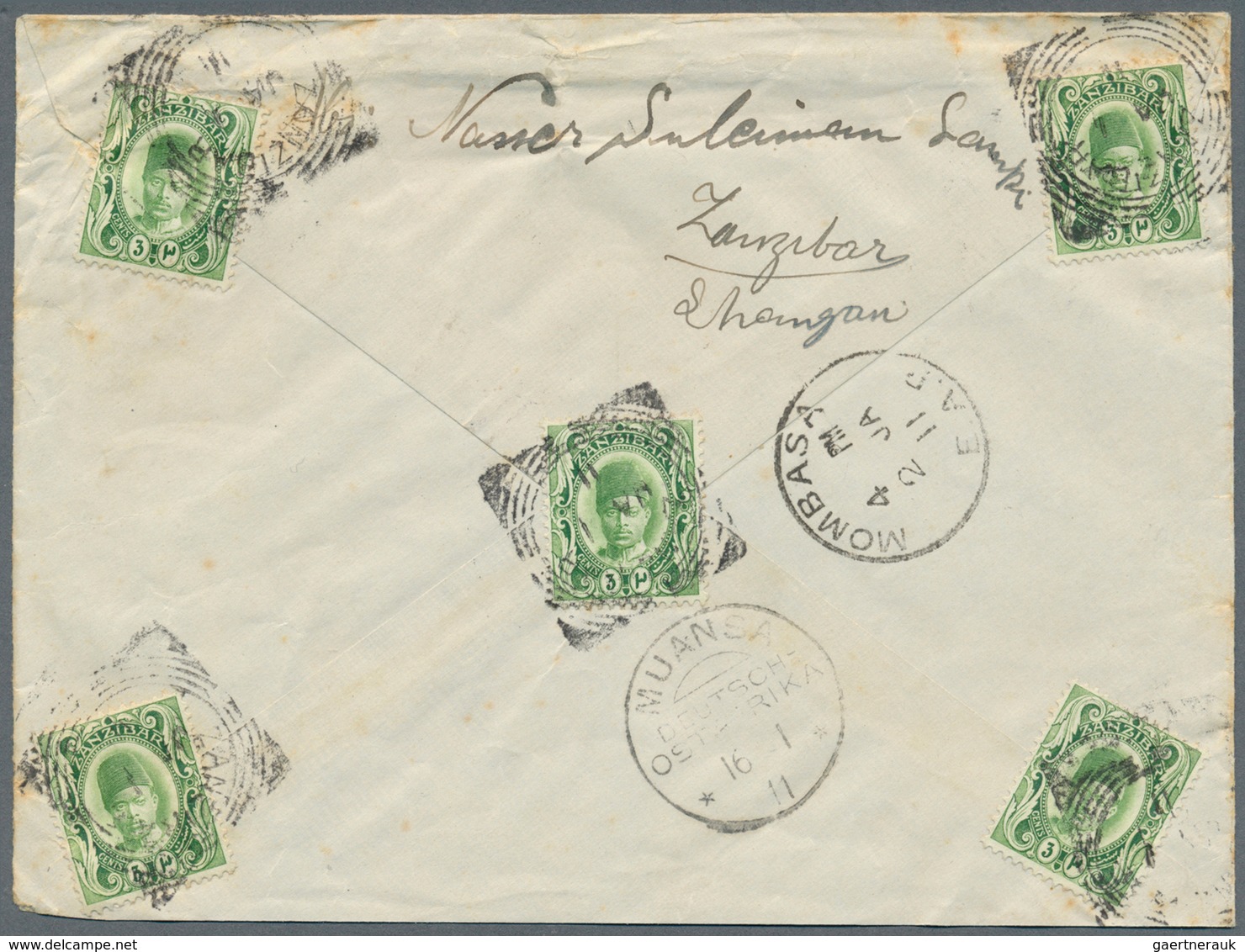 24460 Zanzibar: 1903 - 1911, Four Covers And One Postal Stationery Envelope With Uprated Franking, Interes - Zanzibar (...-1963)