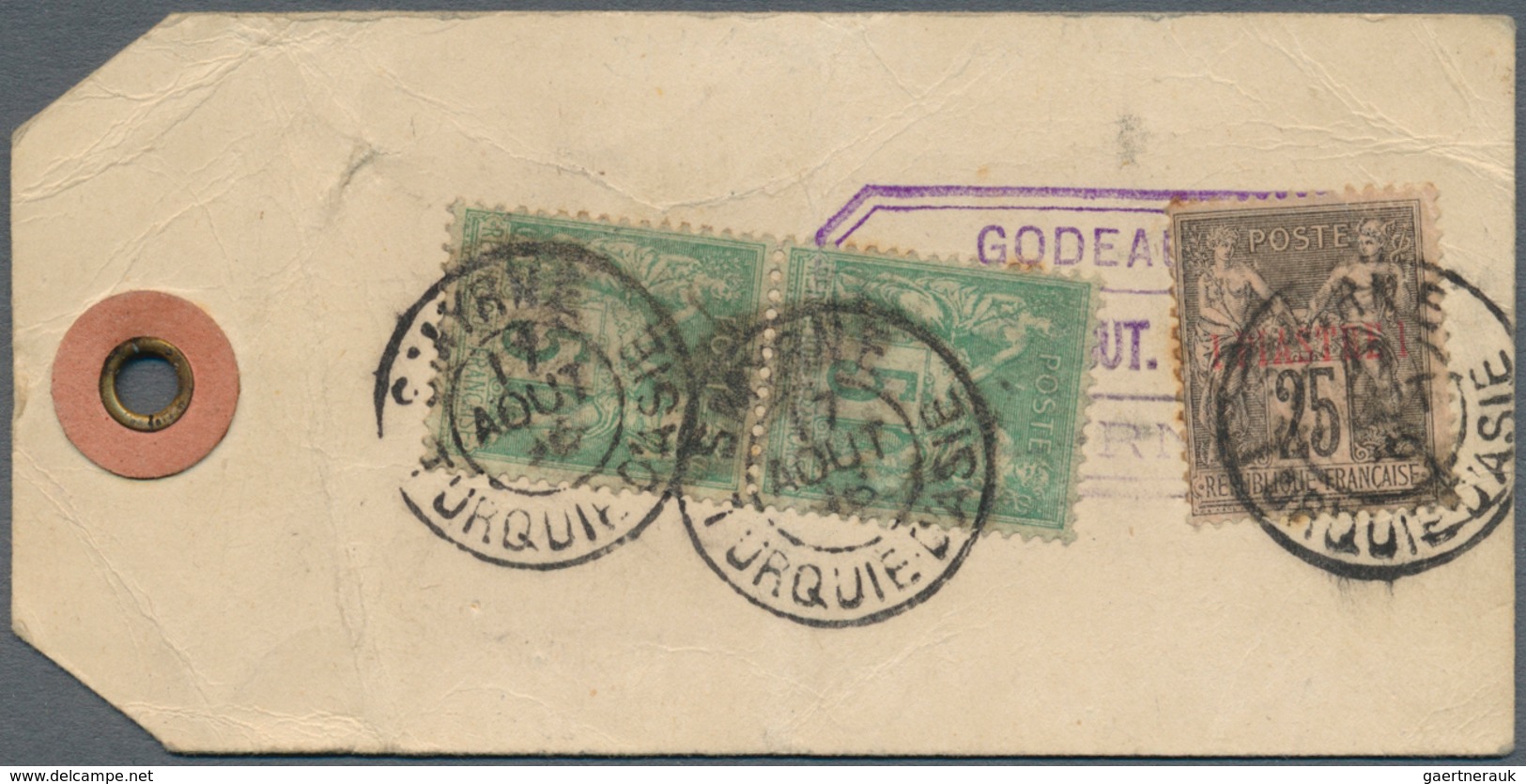 24753 Französische Kolonien: 1896/1943, Group Of Four Better Entires: P.O. Levant 1896 Baggage Tag, Gabon - Autres & Non Classés