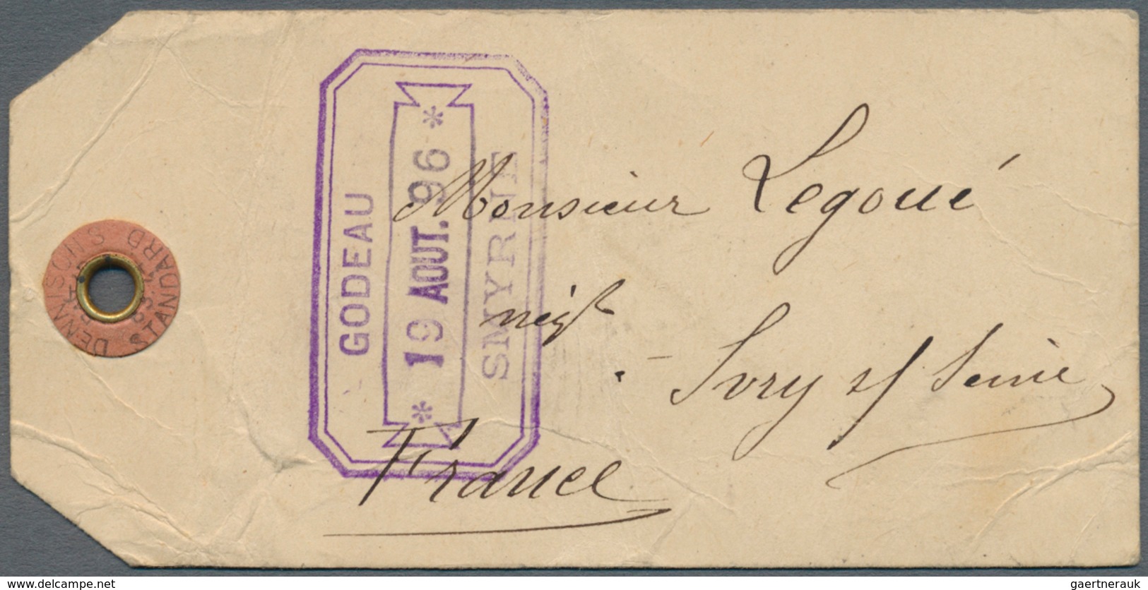 24753 Französische Kolonien: 1896/1943, Group Of Four Better Entires: P.O. Levant 1896 Baggage Tag, Gabon - Autres & Non Classés