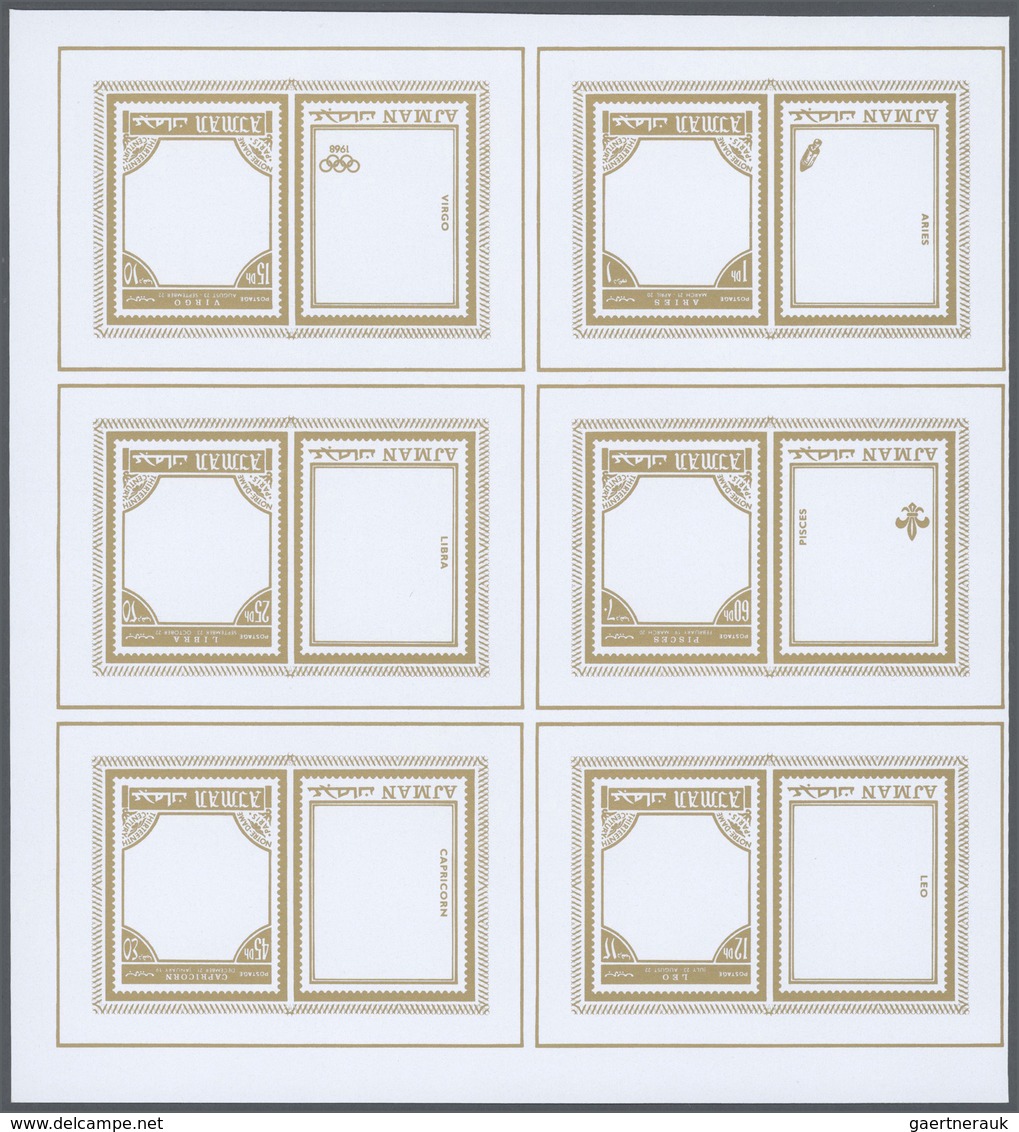 24980 Thematik: Astrologie / astrology: 1971, Ajman. Progressive proofs for the souvenir sheets of the iss