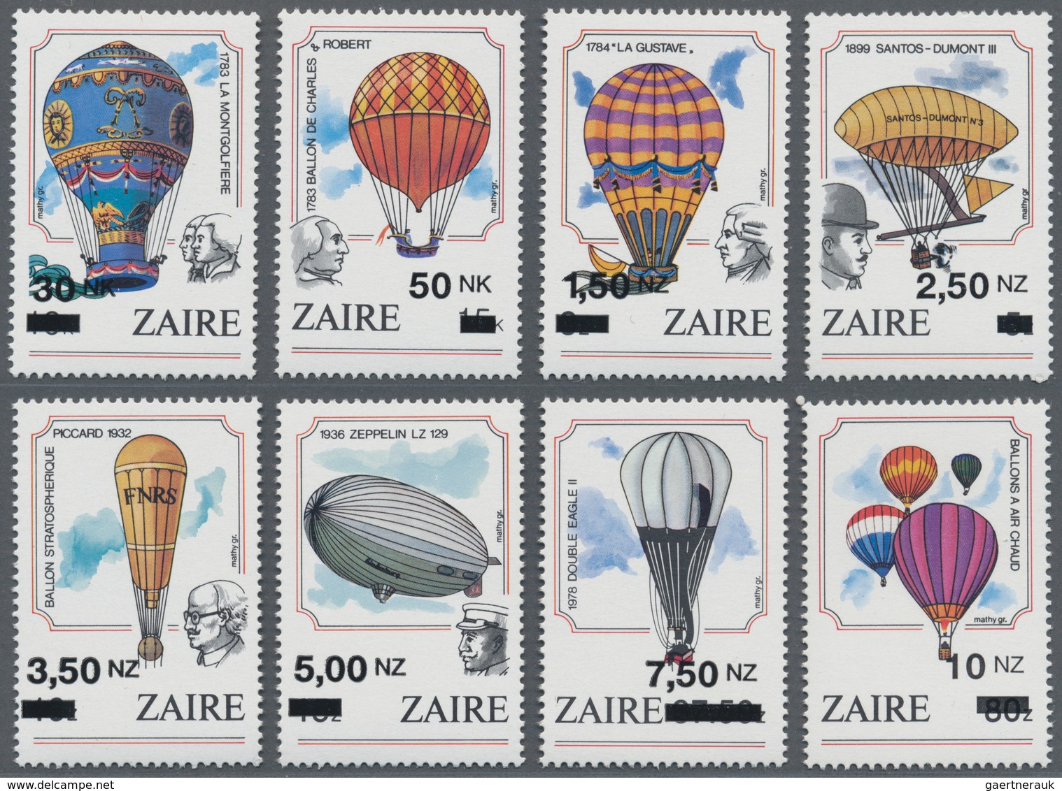 24985 Thematik: Ballon-Luftfahrt / Balloon-aviation: 1994, ZAIRE: 200 Years Aviation Complete Set Of Eight - Arbres