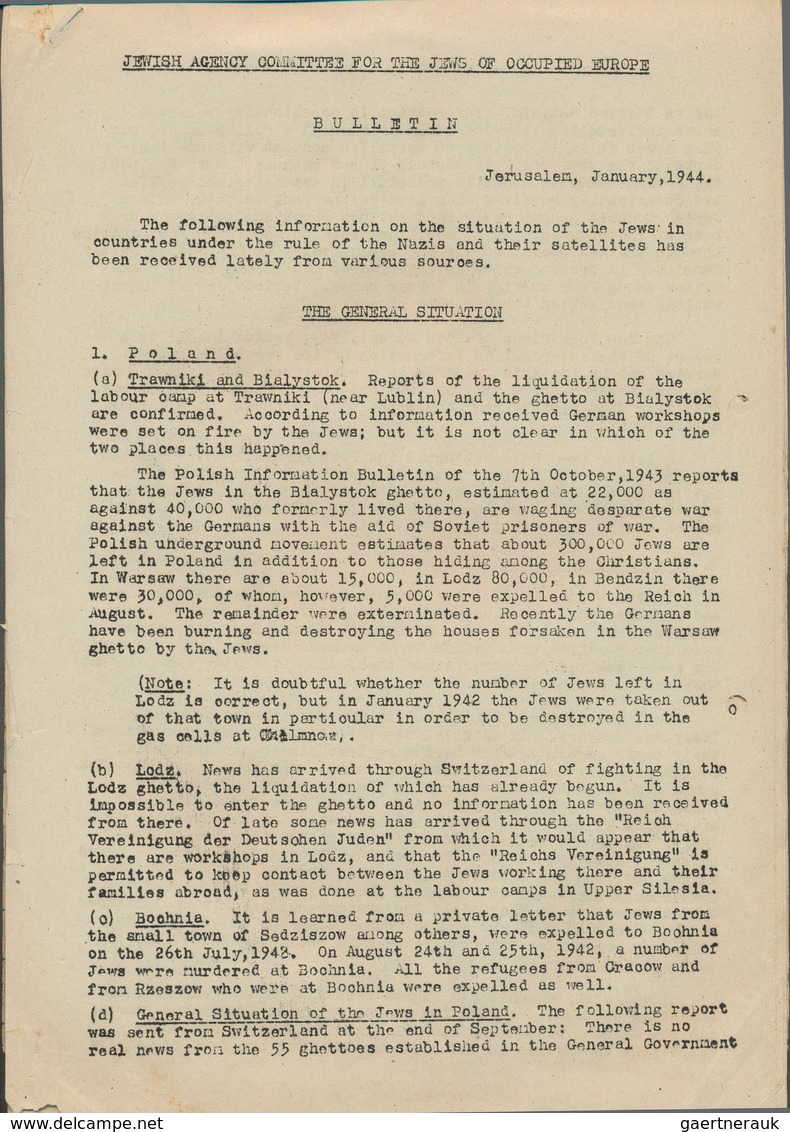 25141 Thematik: Judaika / Judaism: 1944, BULLETIN Of JEWISH AGENCY COMMITTEE FOR THE JEWS OF OCCUPIED EURO - Non Classés