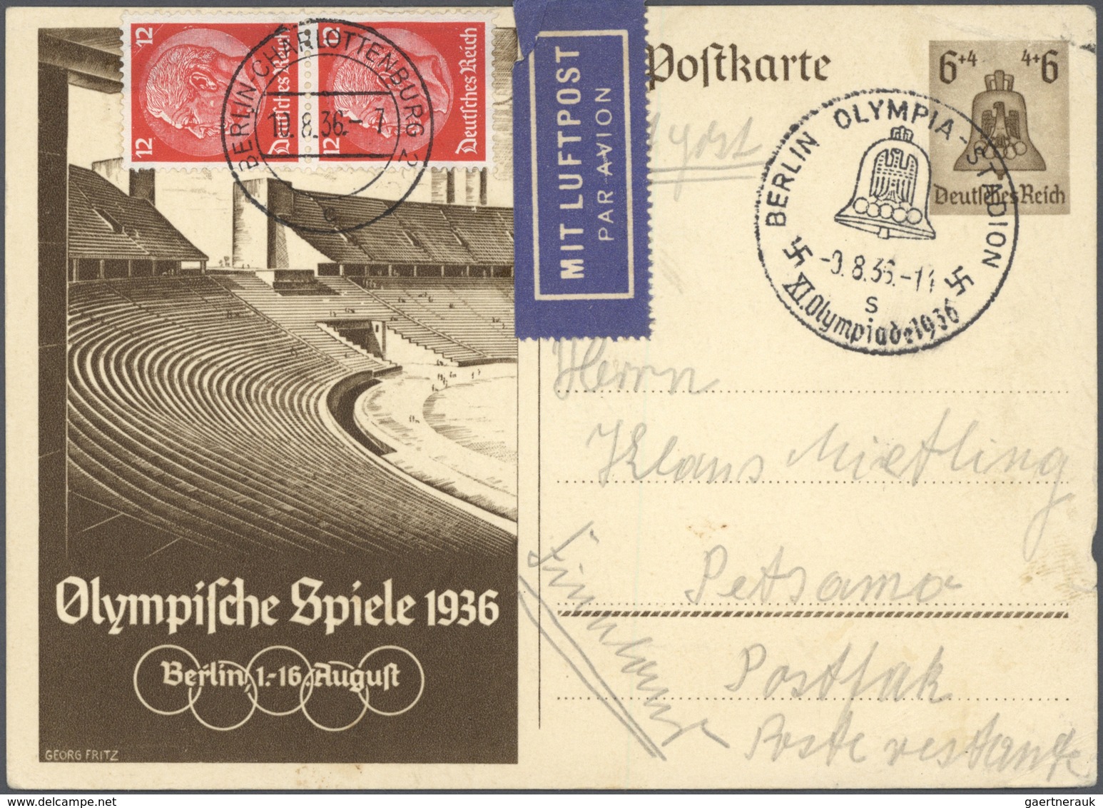 25270 Thematik: Olympische Spiele / olympic games: 1936, Olympia Ganzsachenkarton 6 Pfg. bzw. 15 Pfg. aus