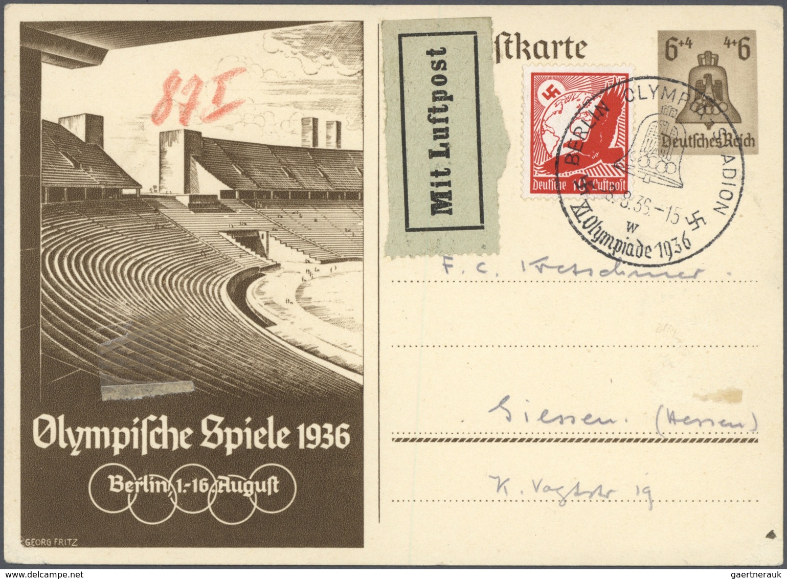 25270 Thematik: Olympische Spiele / olympic games: 1936, Olympia Ganzsachenkarton 6 Pfg. bzw. 15 Pfg. aus