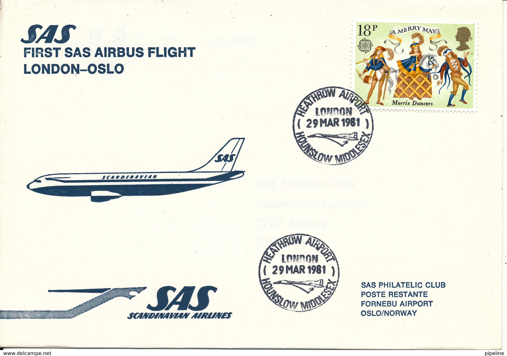 Great Britain First SAS Flight Airbus London - Oslo 29-3-1981 - Covers & Documents