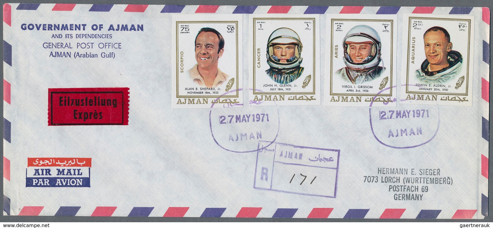 25463 Thematik: Raumfahrt / astronautics: 1969/1973, Ajman/Fujeira, group of 18 covers (registered airmail