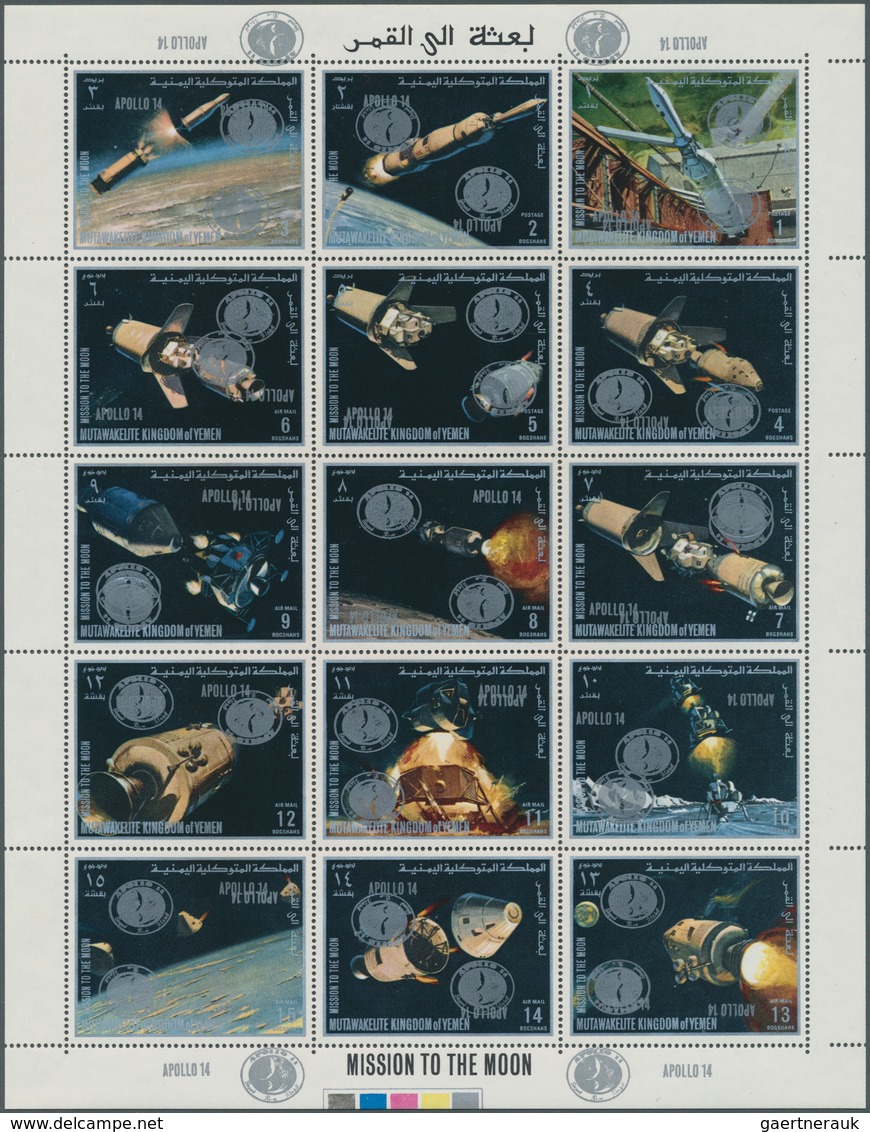 25469 Thematik: Raumfahrt / Astronautics: 1969/1970, APOLLO 12+14, Yemen Kingdom Apollo 12 Se-tenant Sheet - Autres & Non Classés