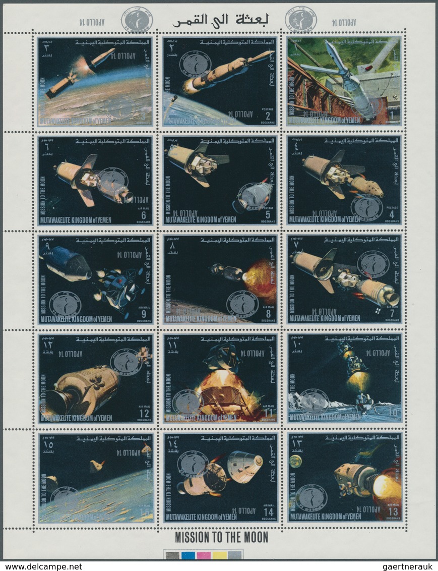 25469 Thematik: Raumfahrt / Astronautics: 1969/1970, APOLLO 12+14, Yemen Kingdom Apollo 12 Se-tenant Sheet - Autres & Non Classés