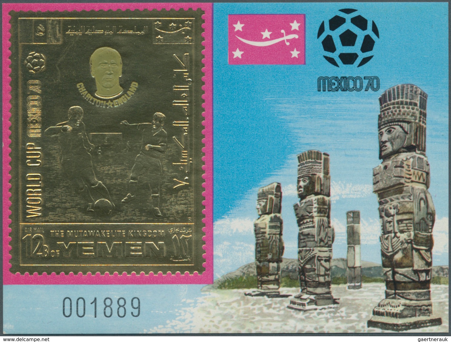 25583 Thematik: Sport-Fußball / sport-soccer, football: 1969, Yemen Kingdom GOLD ISSUE "Football World Cha