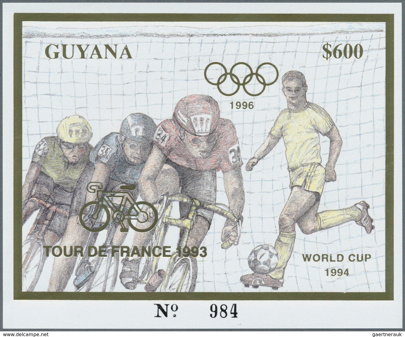 25620 Thematik: Sport-Radsport / Sport-cycling: 1993, Guyana. Lot Of 100 GOLD Blocks $600 Olympic Games At - Cyclisme