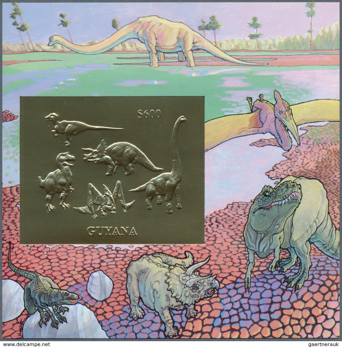 25688 Thematik: Tiere-Dinosaurier / Animals-dinosaur: 1993, Guyana. Lot Of 100 GOLD Dinosaur Blocks Contai - Préhistoriques