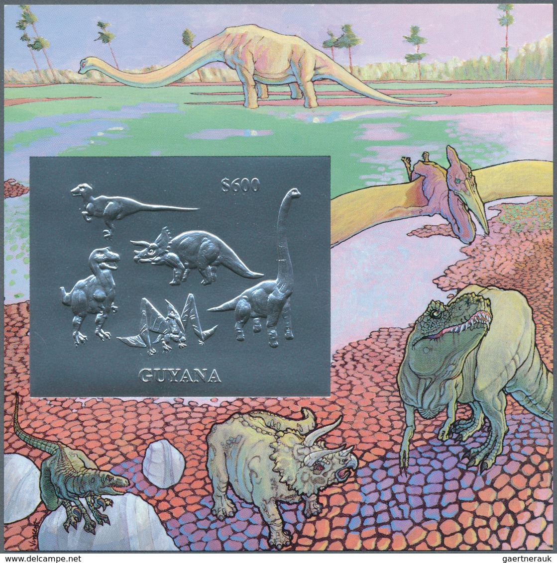 25690 Thematik: Tiere-Dinosaurier / Animals-dinosaur: 1993, Guyana. Lot Of 100 SILVER Dinosaur Blocks Cont - Préhistoriques