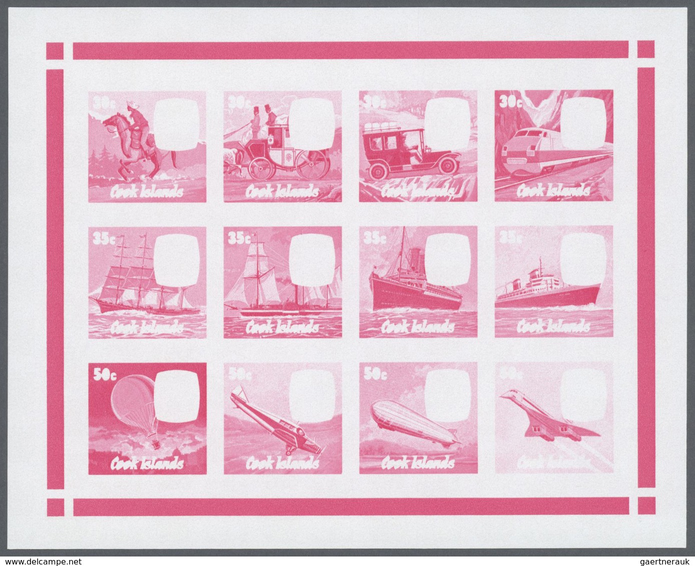 25871 Thematik: Verkehr / traffic: 1979, Cook Islands. Progressive proofs for the souvenir sheet of the is