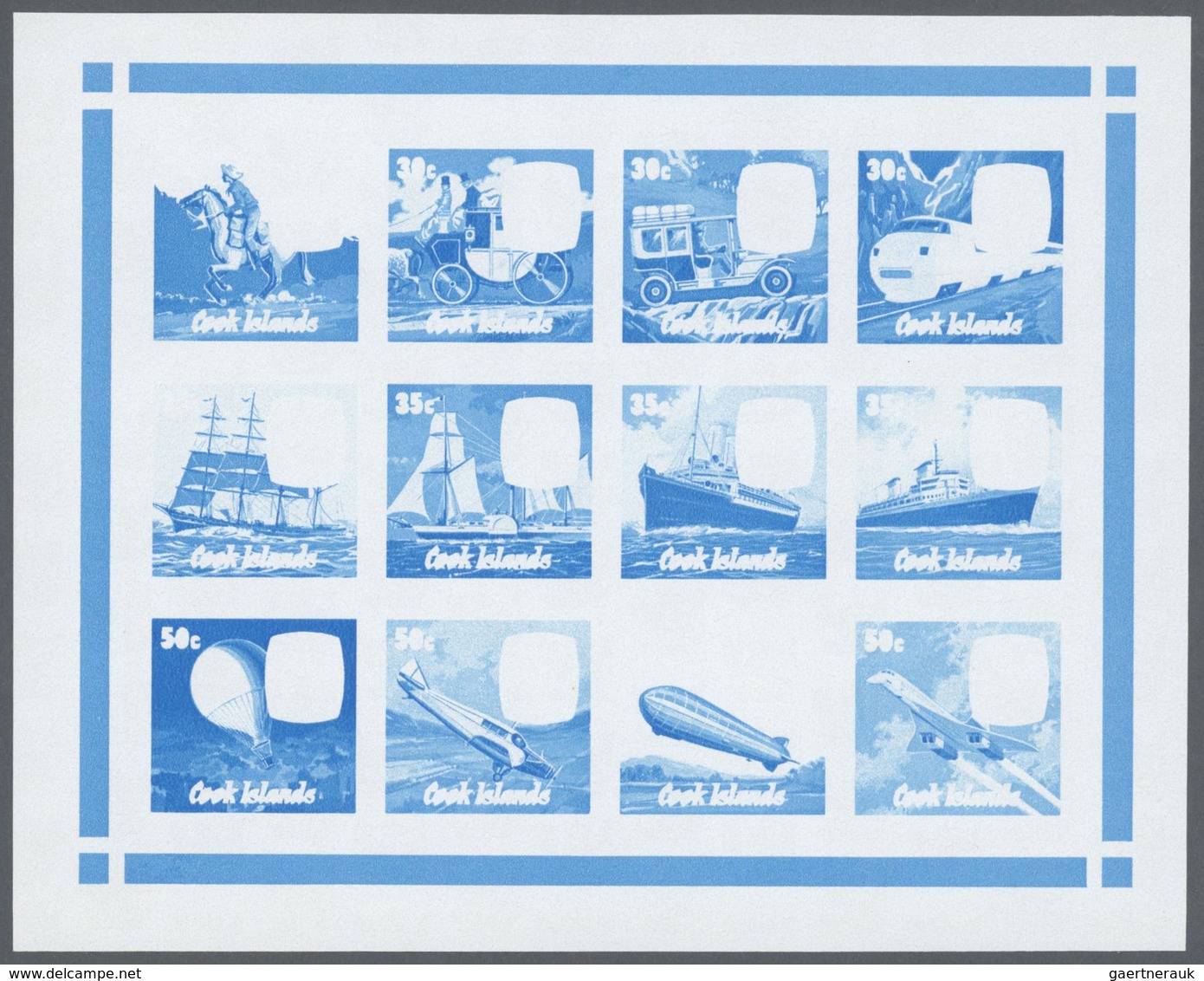 25871 Thematik: Verkehr / traffic: 1979, Cook Islands. Progressive proofs for the souvenir sheet of the is