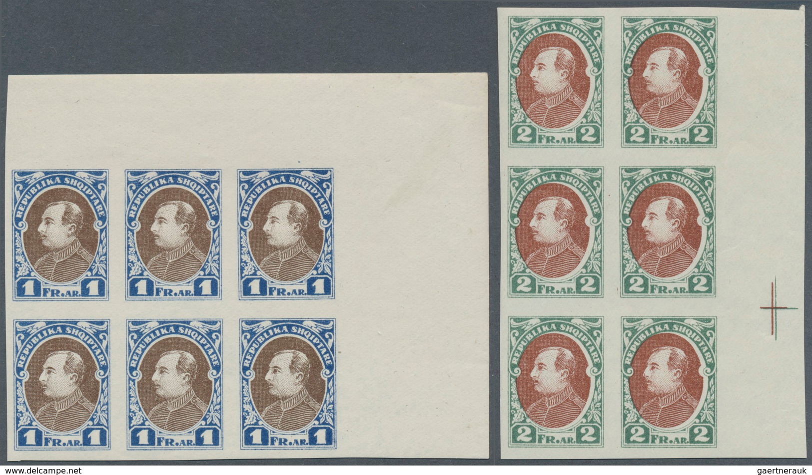 26015 Albanien: 1925, Definitive Issue 'Achmed Zogu' UNISSUED Stamps 1fr. Blue/brown And 2fr. Grey Green/r - Albanie