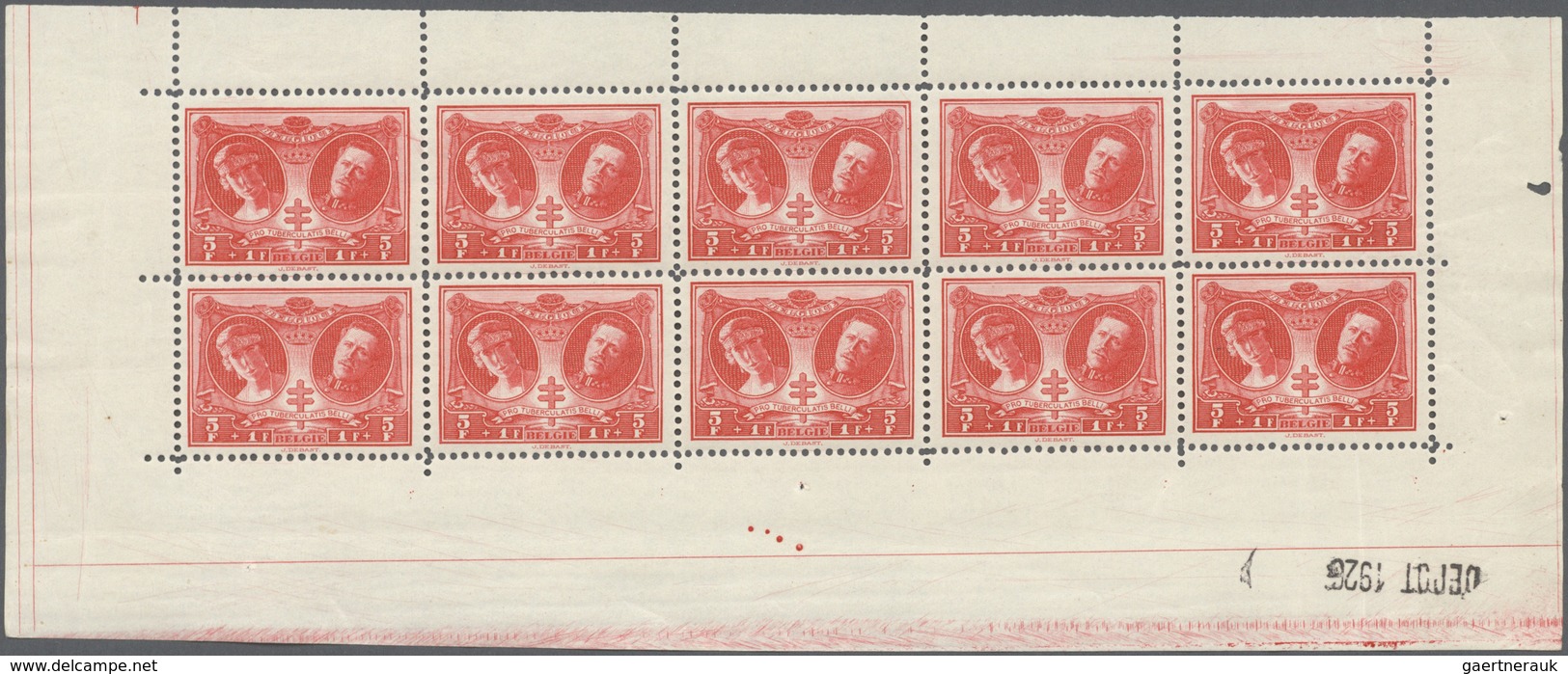 26110 Belgien: 1926/1927. Tuberculosis 5fr+1fr In A Miniature Sheet Of 10, Bearing The Margin Inscription - Autres & Non Classés