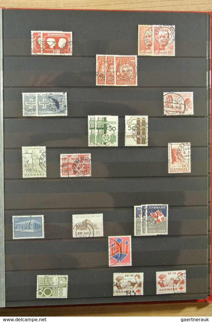 26216 Dänemark: Album and 2 stockbooks with various used material of Denmark, including many blocks of 4,