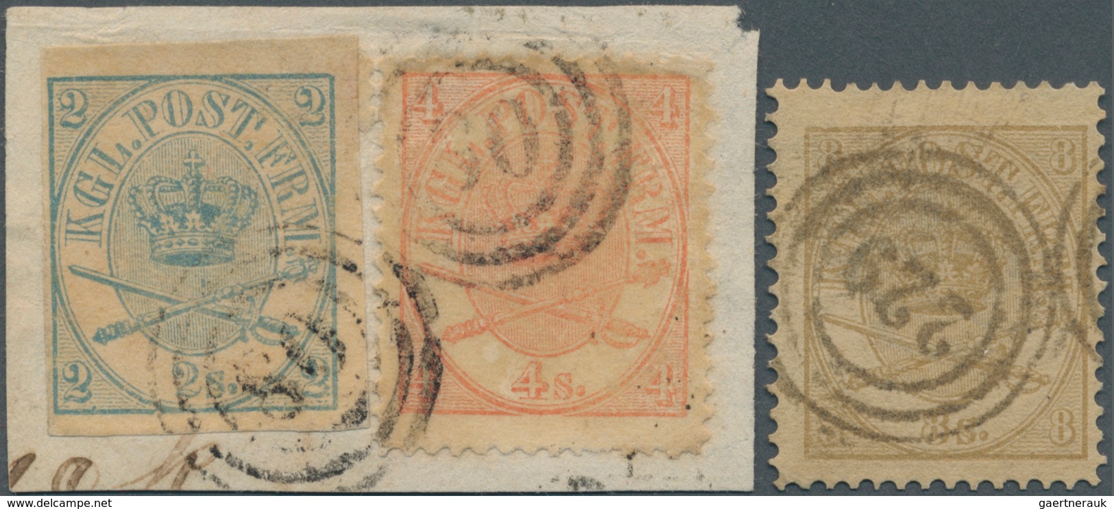26228 Dänemark: 1865/1868 (ca.), Lot Of Three Stamps Incl. 2s. Blue IMPERFORATE On Piece And 8s. Brown (op - Lettres & Documents