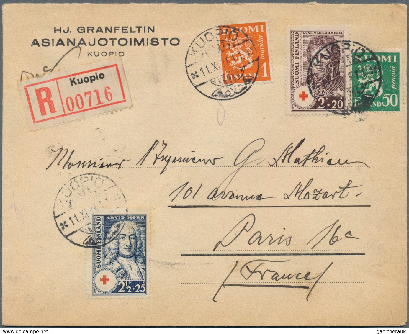 26324 Finnland: 1935/1939, Group Of 8 Registered Covers Sent From Kuopio To Paris, Predominantly Franked W - Storia Postale