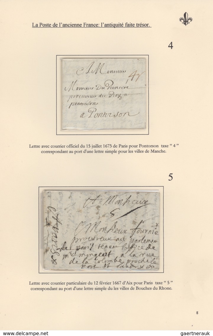 26347 Frankreich - Vorphilatelie: 1604/1690 (ca): 15 pages/1 frame exhibit "La Poste de l'ancienne France: