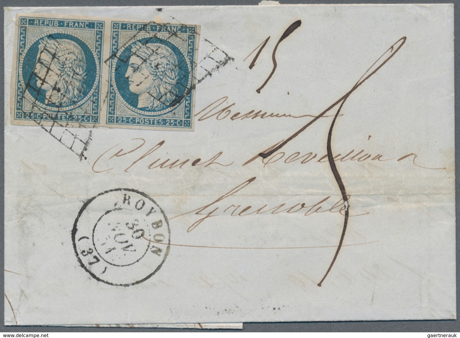 26371 Frankreich: 1849/1852, CERES, Group Of Twelve Entires Bearing Frankings 20c. Black And 25c. Blue, Sh - Oblitérés