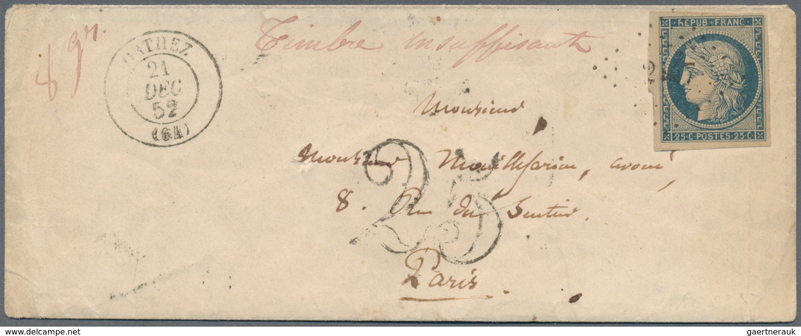 26371 Frankreich: 1849/1852, CERES, Group Of Twelve Entires Bearing Frankings 20c. Black And 25c. Blue, Sh - Oblitérés