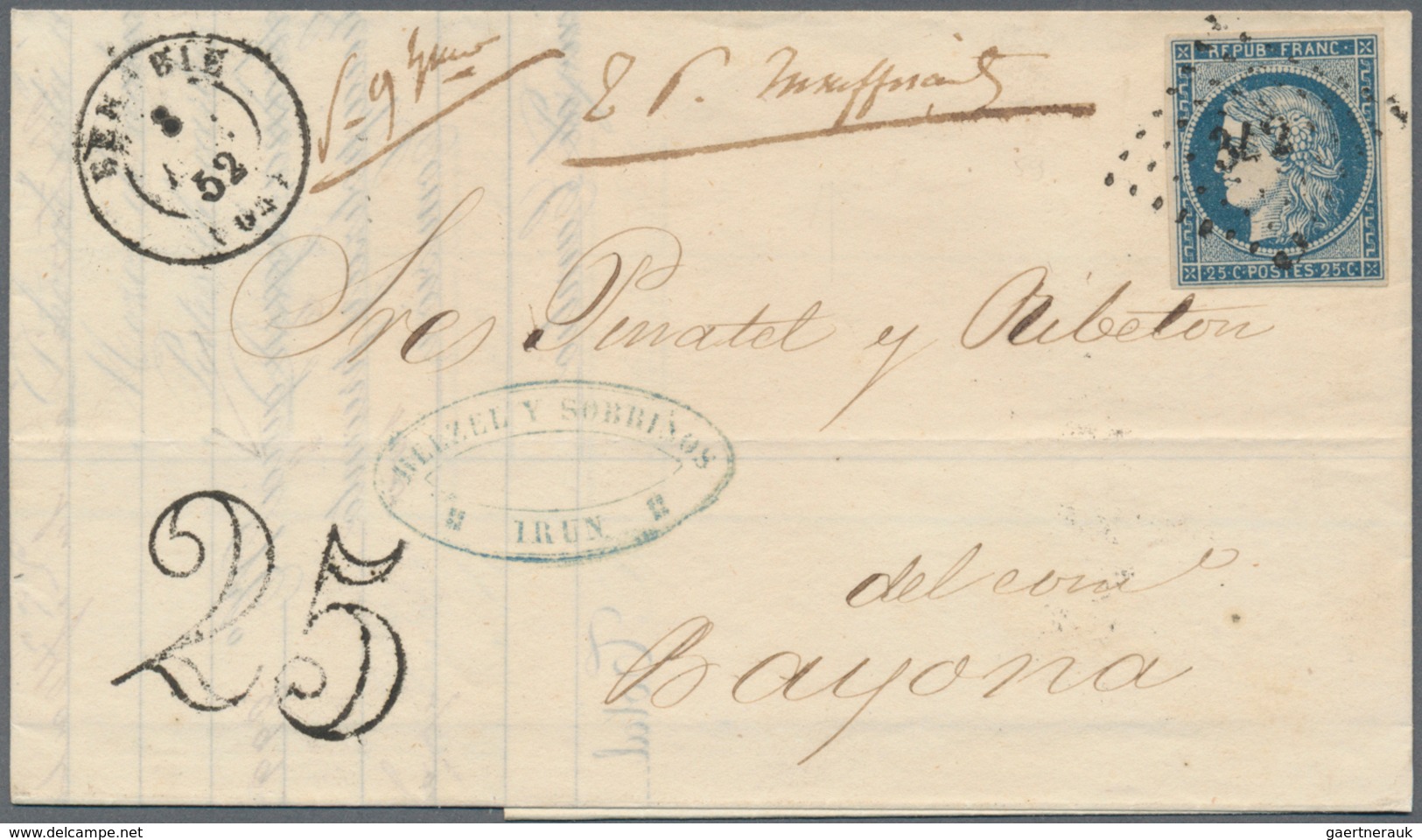 26371 Frankreich: 1849/1852, CERES, group of twelve entires bearing frankings 20c. black and 25c. blue, sh