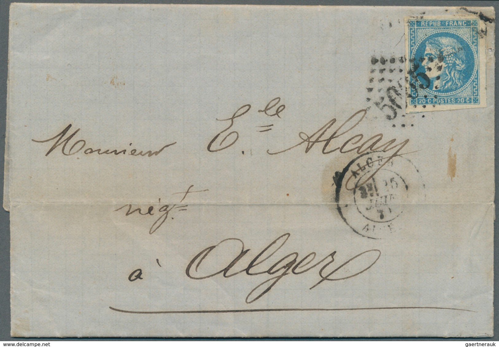 26392 Frankreich: 1855/1975 (ca.), Group Of Four Entires Incl. 20c. "Bordeaux" On 1871 Algier Lettersheet, - Oblitérés