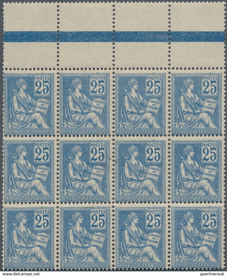 26424 Frankreich: 1900, Mouchon I 25c. Blue Unusual Lot With 42 Stamps Mostly In Larger Blocks Incl. Some - Oblitérés