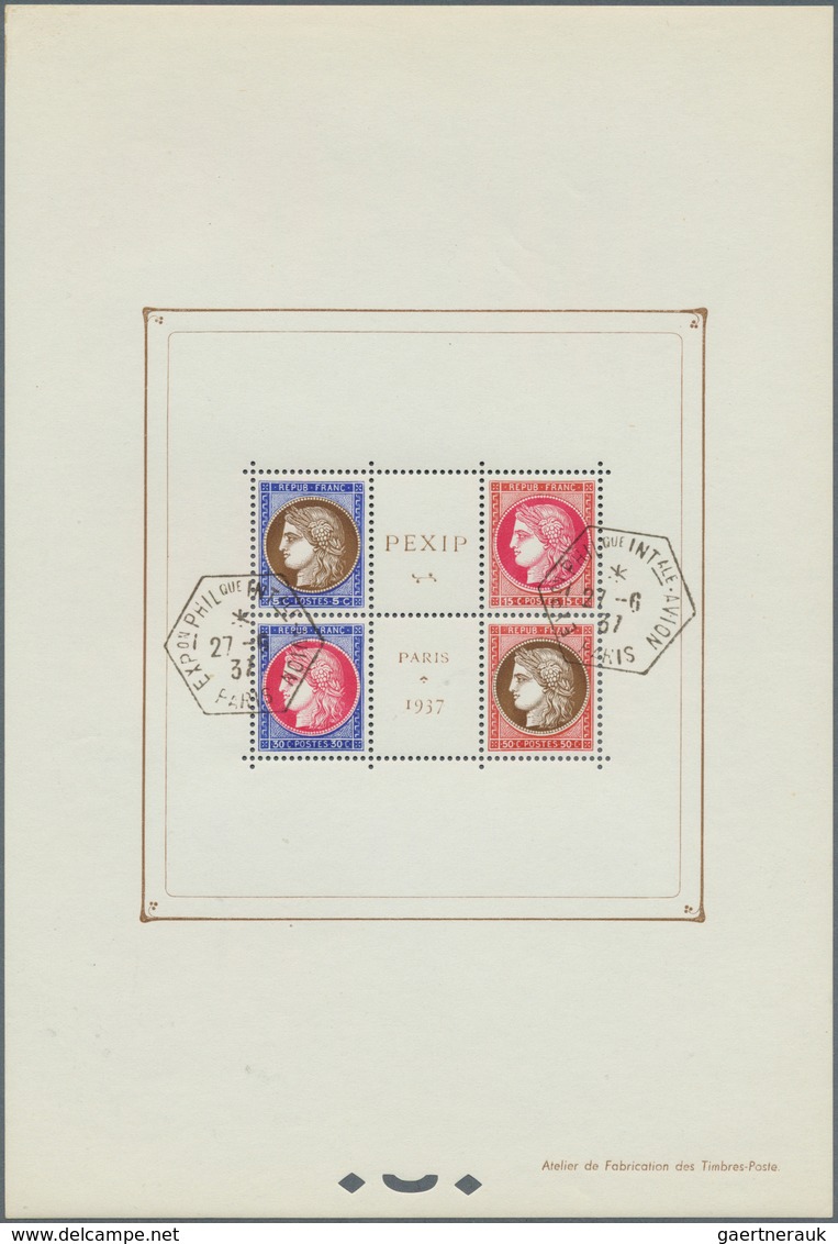 26436 Frankreich: 1937, PEXIP Souvenir Sheet, Group Of Four Pieces: One Copy Unmounted Mint; Three Copies - Oblitérés