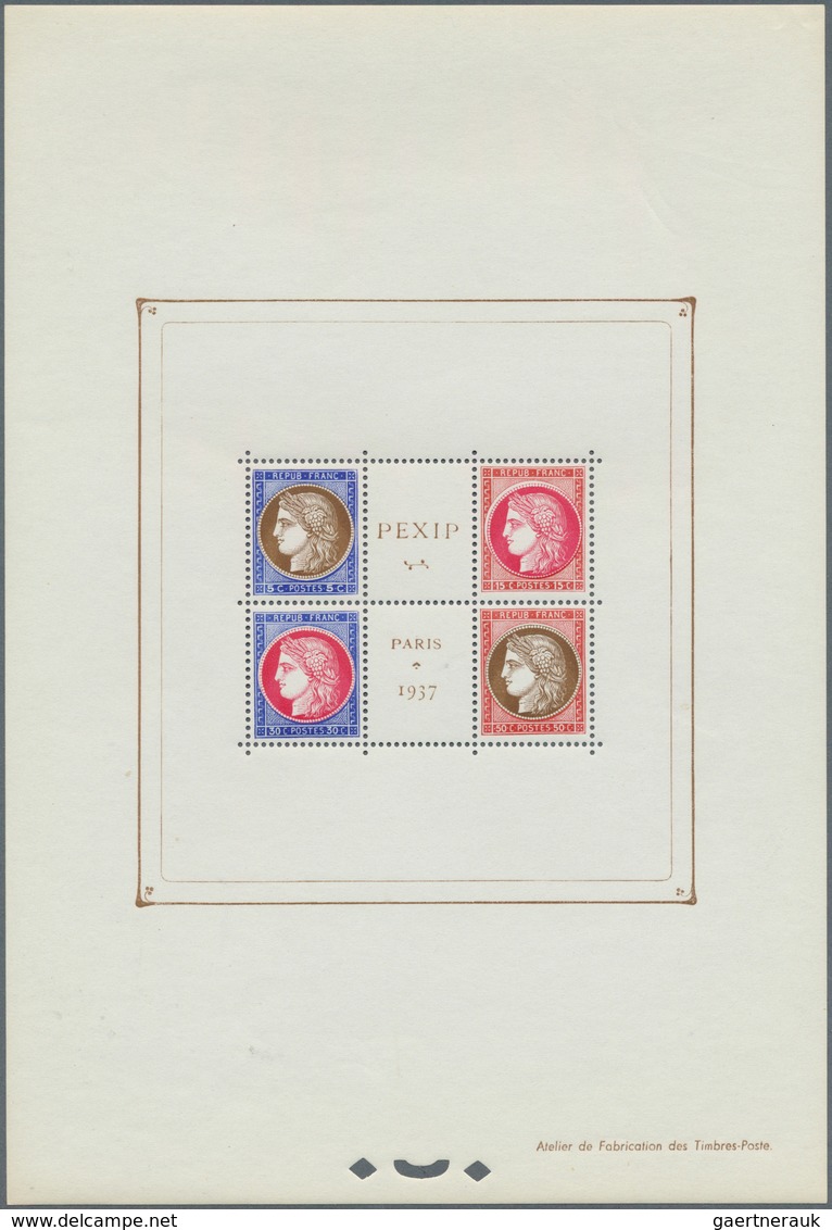 26436 Frankreich: 1937, PEXIP Souvenir Sheet, Group Of Four Pieces: One Copy Unmounted Mint; Three Copies - Oblitérés