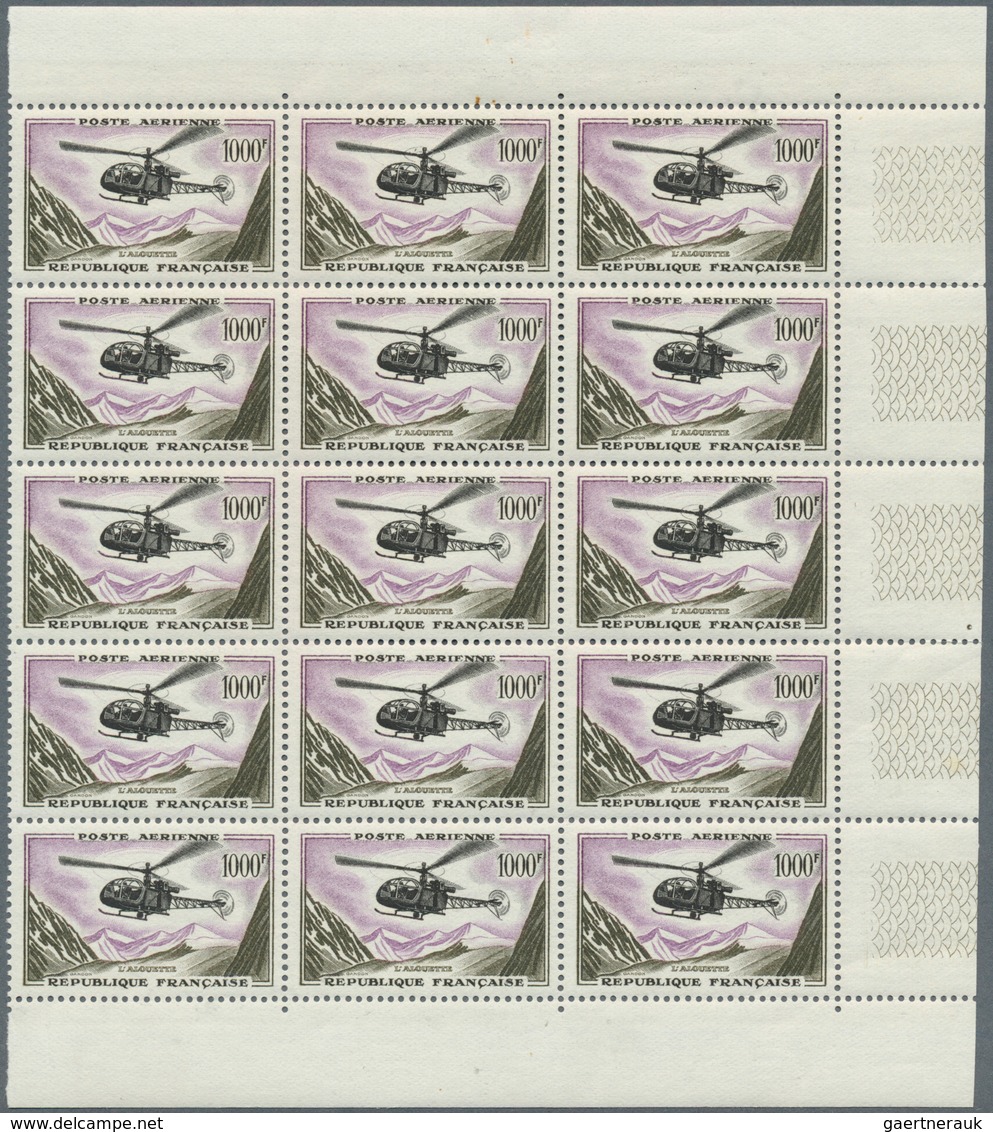 26448 Frankreich: 1958, Airmail Issue 1.000fr. 'Helicopter Alouette' Lot With 50 Sets In Strips And Larger - Oblitérés