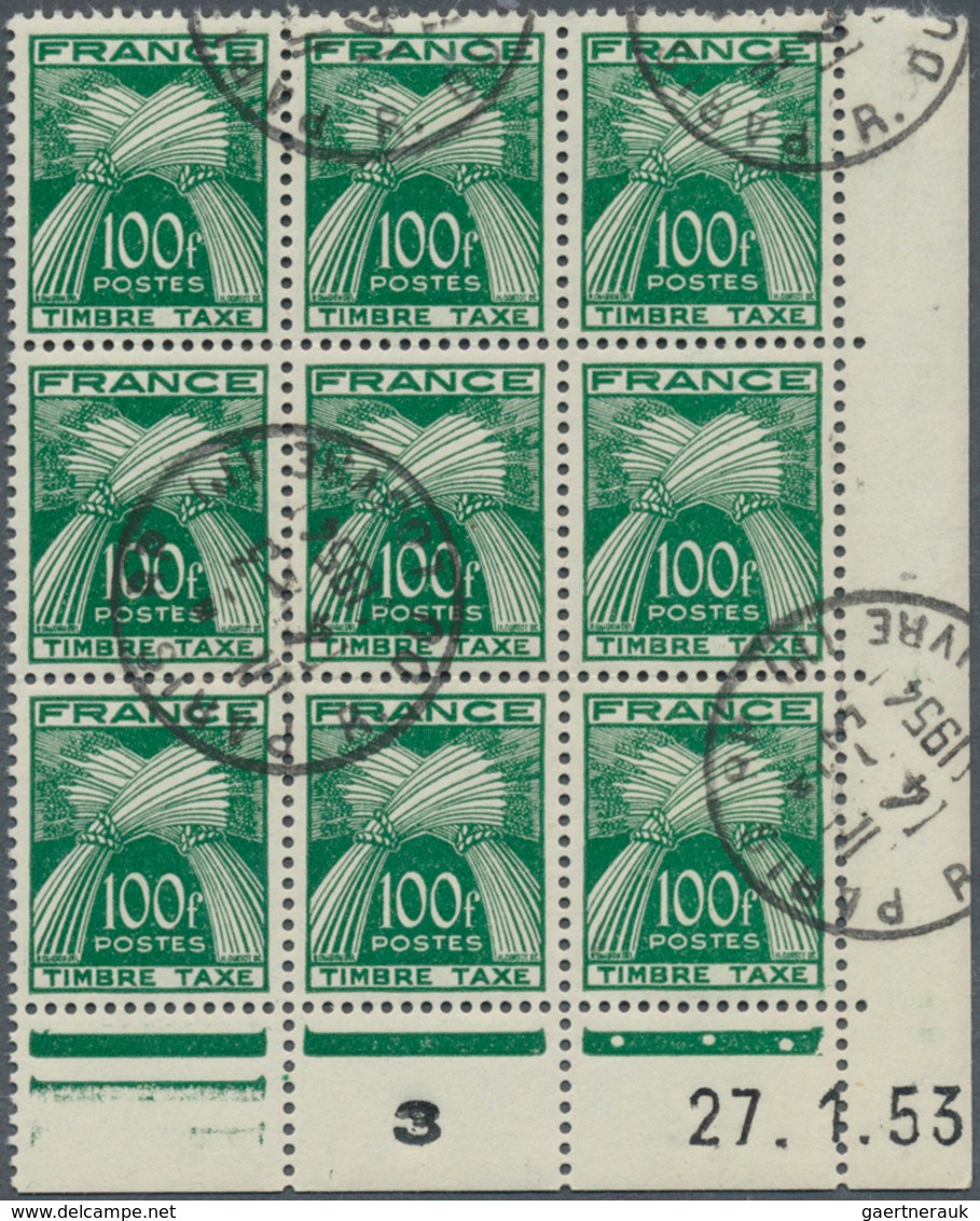 26481 Frankreich - Portomarken: 1953, Postage Due 100fr. Green 'wheat' Lot Of 100 Stamps In Larger Blocks - 1859-1959 Lettres & Documents