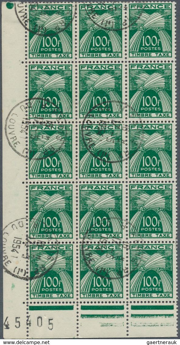 26481 Frankreich - Portomarken: 1953, Postage Due 100fr. Green 'wheat' Lot Of 100 Stamps In Larger Blocks - 1859-1959 Lettres & Documents