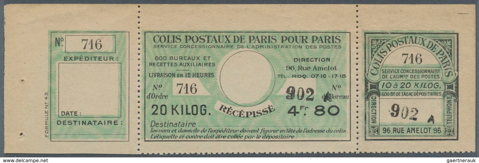 26485 Frankreich - Postpaketmarken: PARCEL POST PARIS: 1930, Three-part Coupon 'COLIS POSTAUX DE PARIS POU - Autres & Non Classés