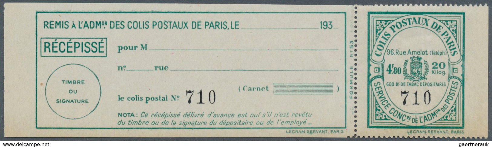 26486 Frankreich - Postpaketmarken: PARCEL POST PARIS: 1930, Two-part Coupon 'COLIS POSTAUX DE PARIS POUR - Autres & Non Classés