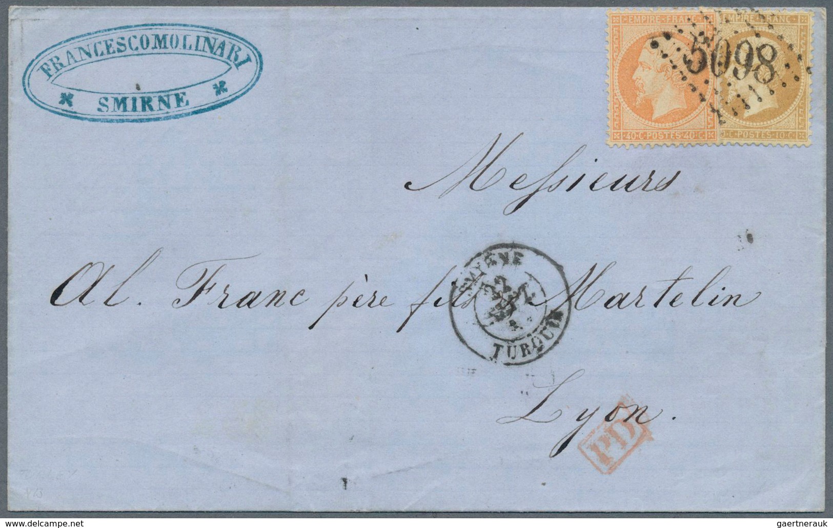 26501 Französische Post in der Levante: 1856/1902, Mediterranean/Mail from/to French Levant, group of 20 c