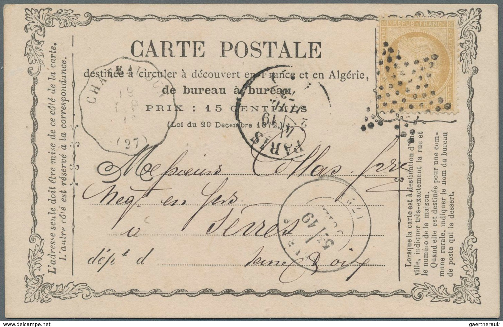 26519 Frankreich - Ganzsachen: 1873/1876, Lot Of 46 Used Postcard Forms Mainly Franked With 15c. Bistre, S - Autres & Non Classés