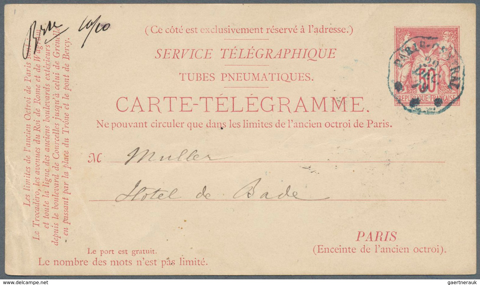 26522 Frankreich - Ganzsachen: 1879/1945 Ca., PNEUMATIC MAIL, Interesting Collection With 29 Used Statione - Autres & Non Classés