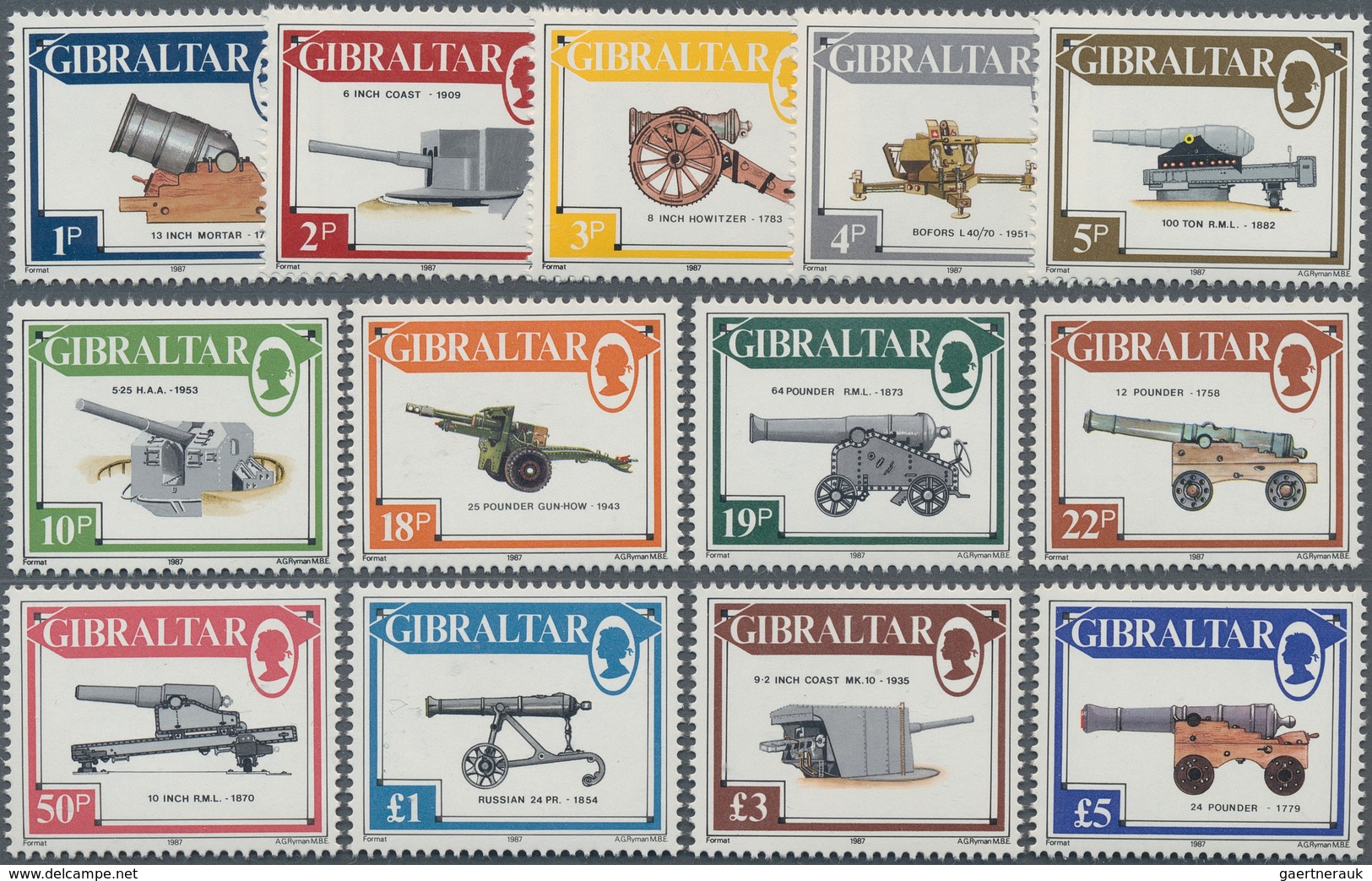 26561 Gibraltar: 1987, Definitives 'Heavy Artillerie' Complete Set Of 13 From 1p. To £5 In Part Sheets Wit - Gibraltar