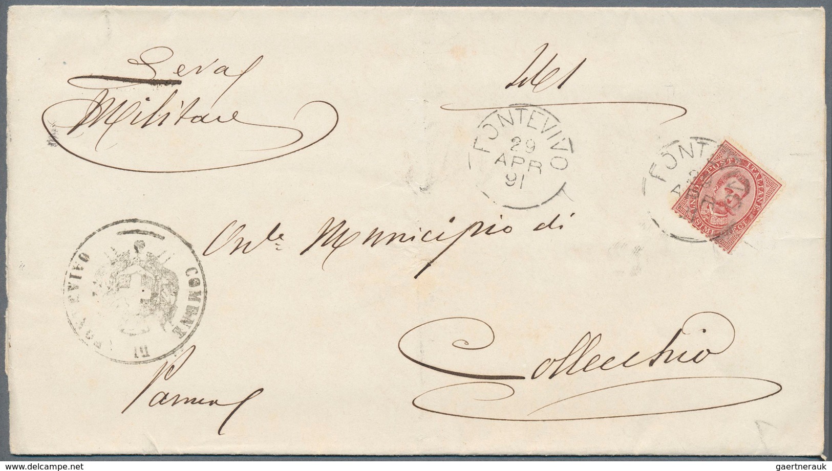26957 Italien: 1880/1895 (ca.), 7 Gemeindebriefe mit verschiedenen Frankaturen, Stempeln und Adressaten, a