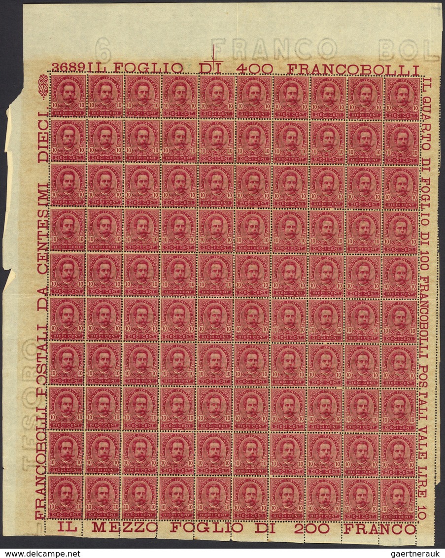 26964 Italien: 1891, Umberto I, 10c. Carmine Complete Sheet Of 100, Mint Never Hinged With Margins, Little - Marcophilie