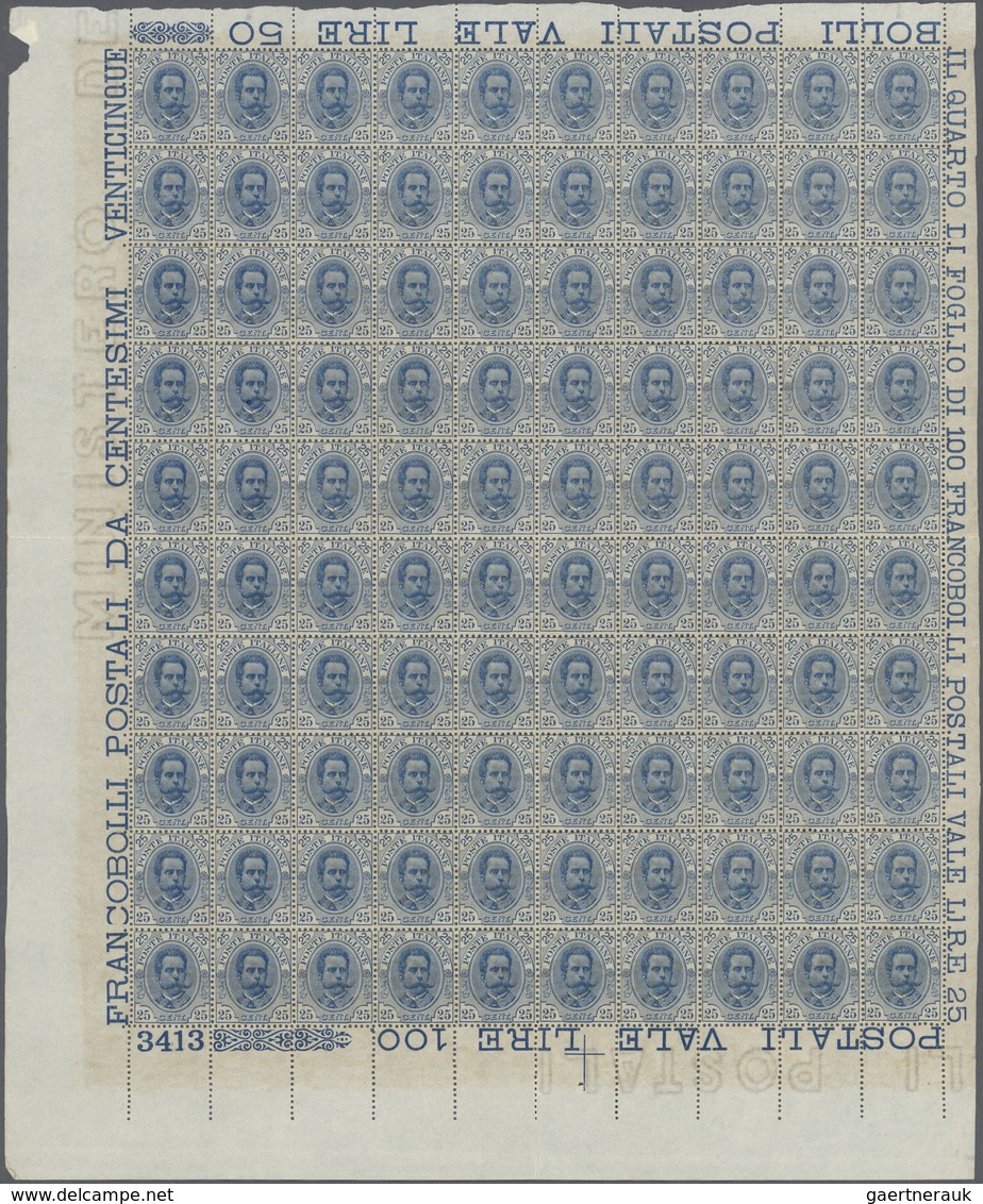 26968 Italien: 1895, 25c. Blue, Complete (folded) Pane Of 100 Stamps With Marginal Inscriptions, Unmounted - Poststempel