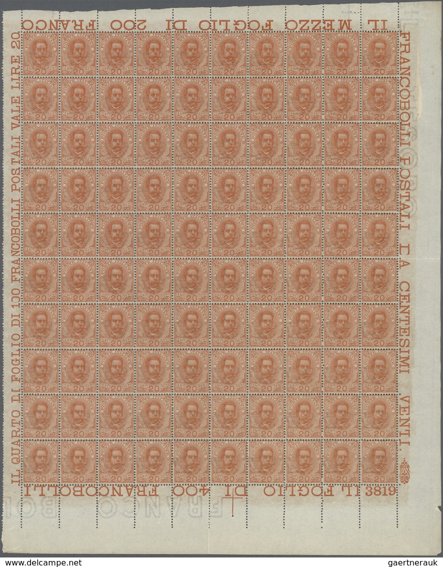 26969 Italien: 1895, 20c. Orange, Complete (folded) Pane Of 100 Stamps With Marginal Inscriptions, Unmount - Marcophilie