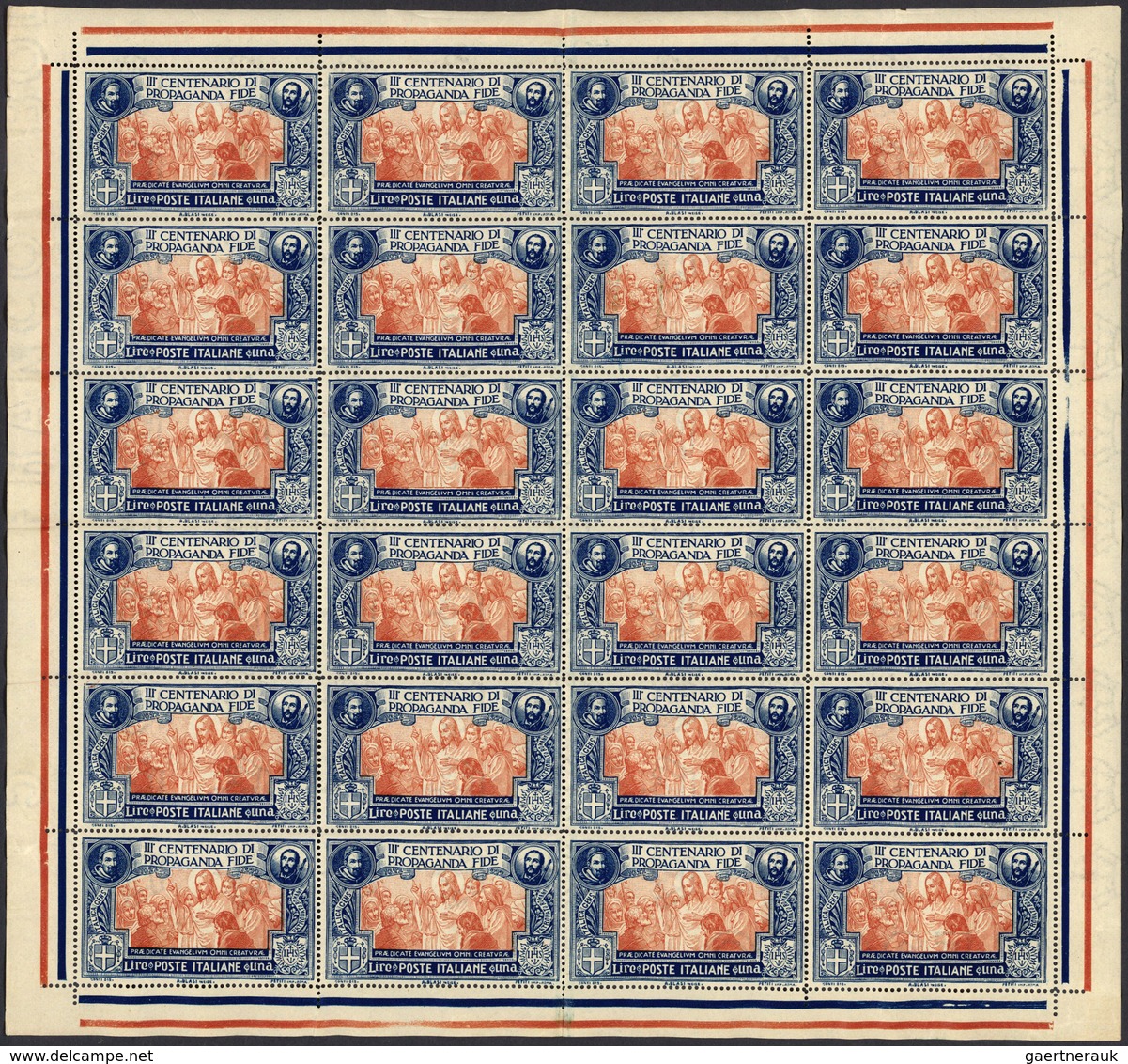 26982 Italien: 1923, "PROPAGANDA FIDE" Complete Set Of 4 Values In Complete Sheets Of 24 With Margins, Min - Marcophilie