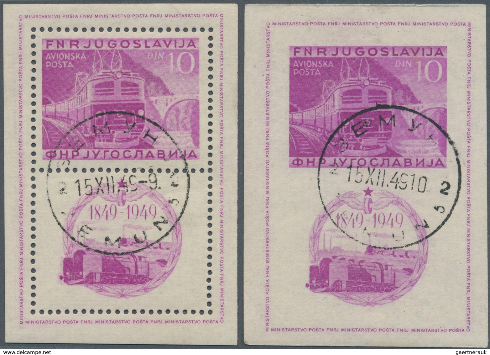 27088 Jugoslawien: 1949, 100th Anniversary Of Jugoslavian Railway, Lot Of 48 Pairs Of Souvenir Sheet (perf - Lettres & Documents