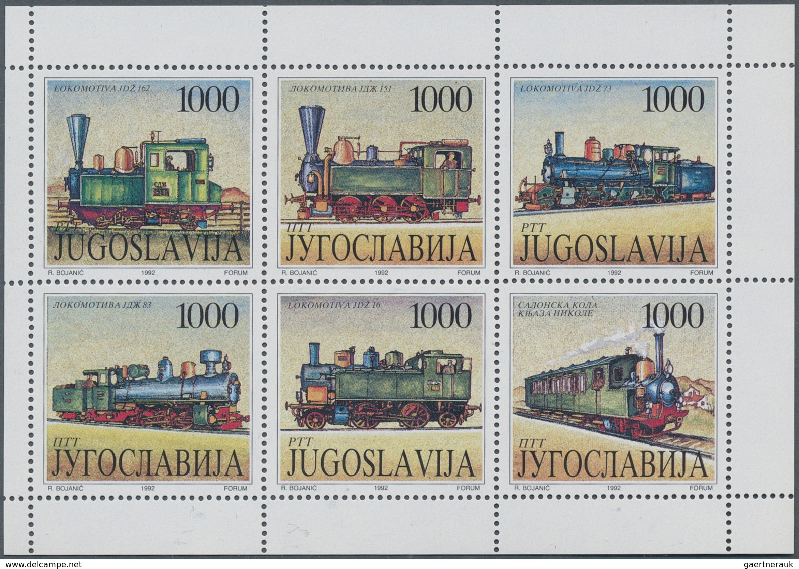 27106 Jugoslawien: 1992, STEAM LOCOMOTIVES Se-tenant Set Of Six In A Lot With About 65 Sets, Mint Never Hi - Lettres & Documents