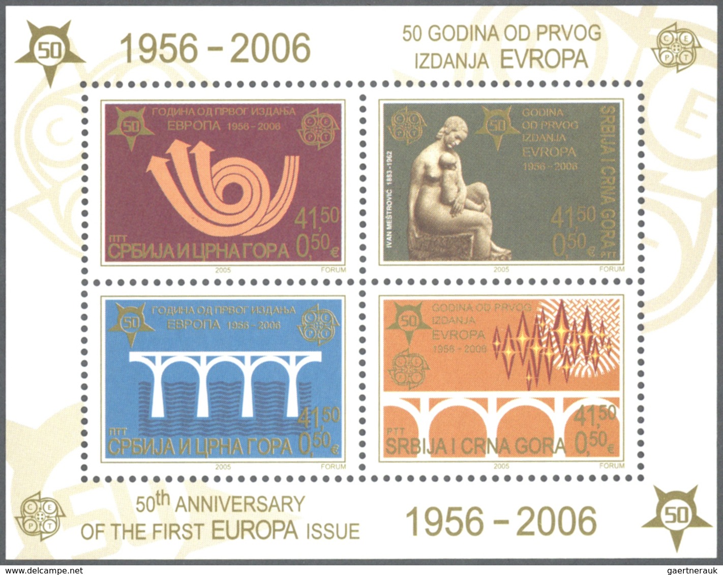 27119 Jugoslawien: 2006, "50 Jahre Europamarken". Lot von 1.000 Sätzen in Bogen und 1.000 Blockgarnituren